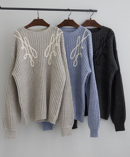 2025SS【NUNIFE】透かしテープ刺繍ニットプルオーバー