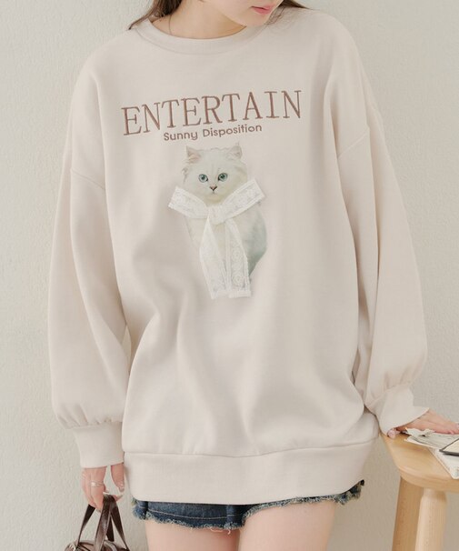 ネコ×レースリボン裏起毛プルオーバー