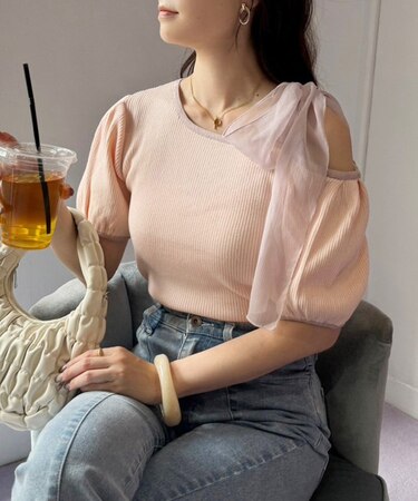 【one after another】リボン取り外し可/ワンショル配色ニット