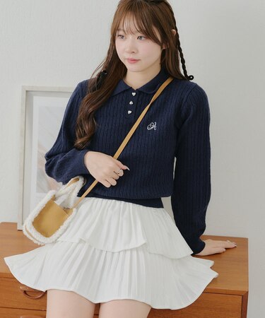 【春の新作】【OUTLET限定】ハート釦ケーブルポロニット