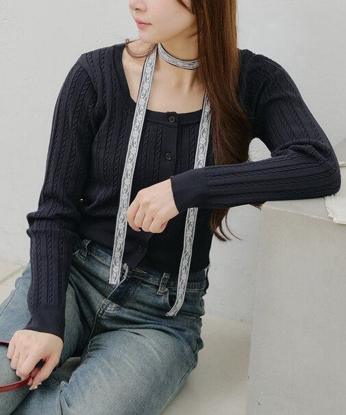 【春の新作】【OUTLET限定】ケーブルレースチョーカーカーディガン