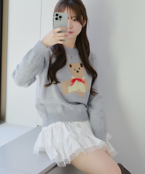 【春の新作】【OUTLET限定】くまリボンジャガードニット