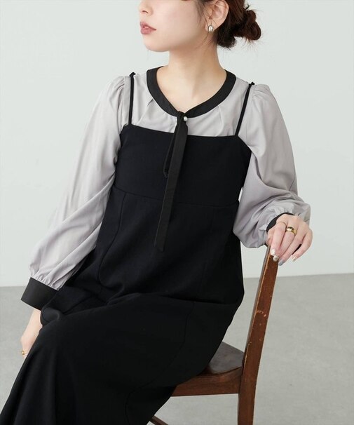 【natural couture】パールリボンタイ付き配色ブラウス