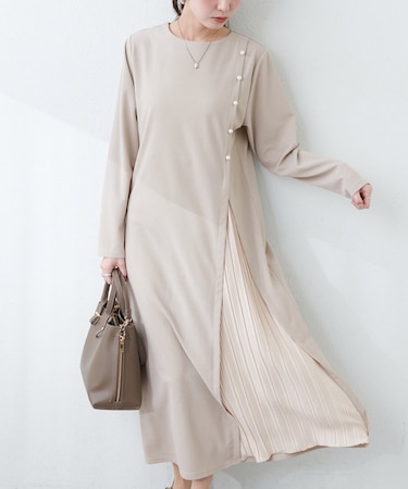 【natural couture】カットジョーゼットプリーツ切替ワンピース