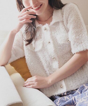 【natural couture】フラッグヤーン金ボタン半袖カーデ
