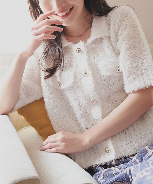 【natural couture】フラッグヤーン金ボタン半袖カーデ