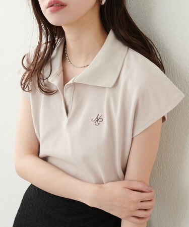 【natural couture】刺しゅう入りフレンチスリーブポロシャツ