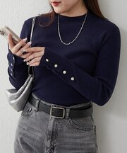 袖ボタンハイネックリブプルオーバー
