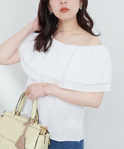 【natural couture】サッカーチェックオフショルブラウス