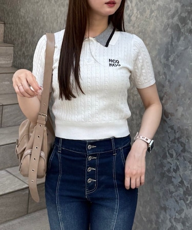 2枚衿ケーブルニットPO