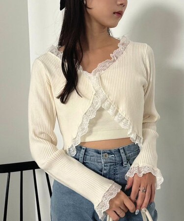 【one after another】レース切り替えニット羽織