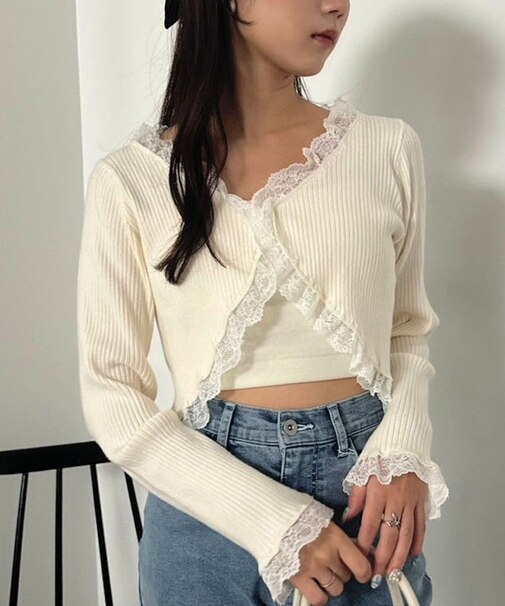 【one after another】レース切り替えニット羽織