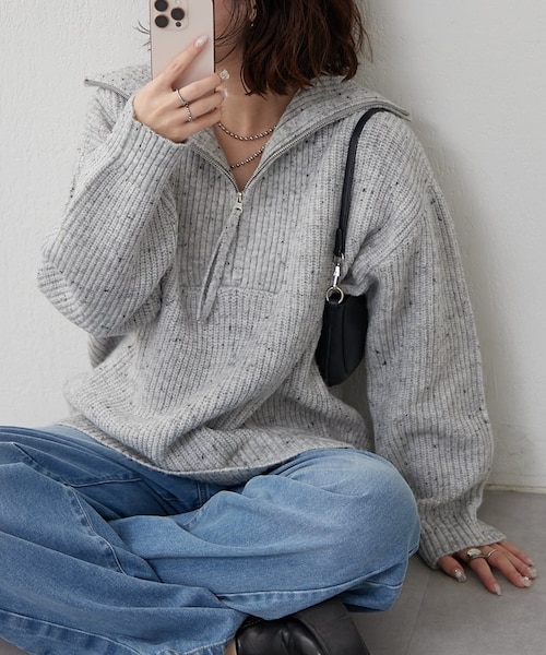 OHGA スカラップ　ニットティー ネップ入りハーフジップニット｜ナイスクラップ/オリーブ・デ