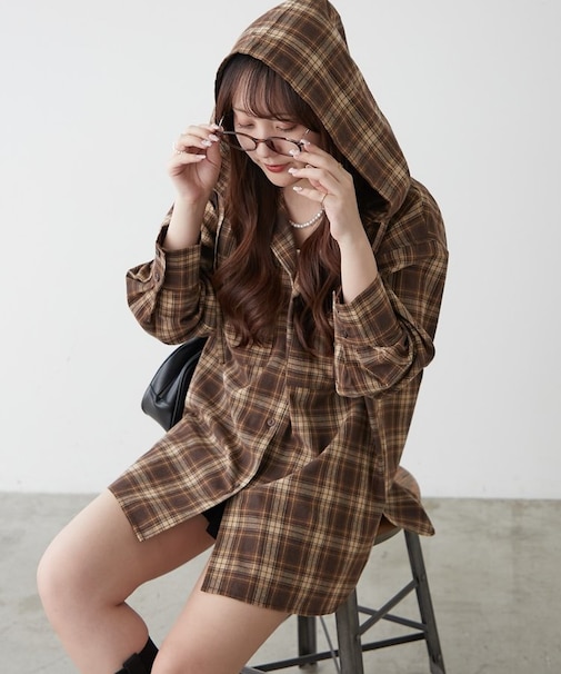 フード付チェックオーバーシャツ