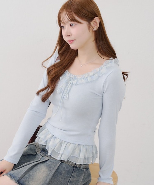 【主役級のデザイン】チェックフリルTシャツ