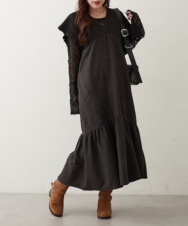 シャーリング裾切替ワンピース