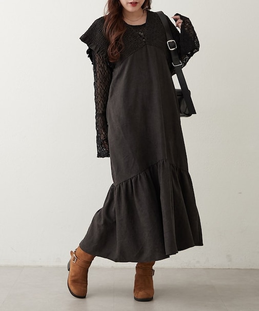 シャーリング裾切替ワンピース