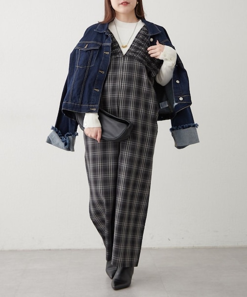 チェックシャーリングサロペット