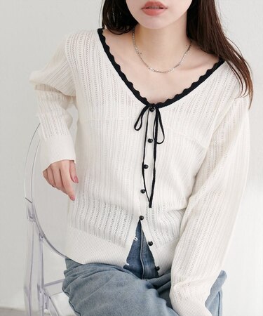 【natural couture】配色リボン透かし編みカーディガン