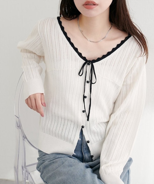 【natural couture】配色リボン透かし編みカーディガン