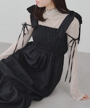 肩リボンシャーリングワンピース