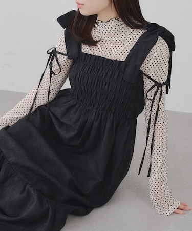 肩リボンシャーリングワンピース