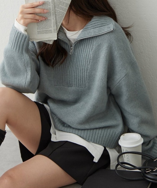 柔らかな肌さわり、ヤクタッチハーフジップニット