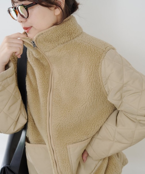 ボア×キルト切替スタンドブルゾン