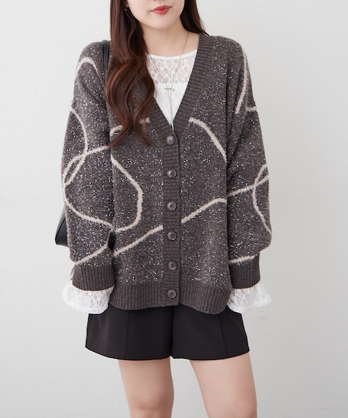 ラメ線描きVネックカーディガン
