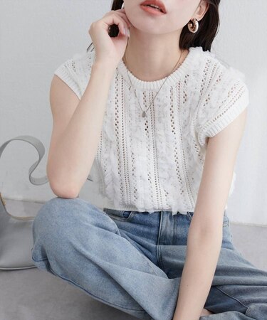 【natural couture】透かし柄×チュールノースリＫＴ