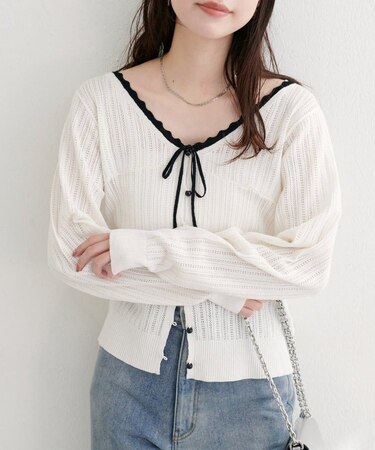 【natural couture】配色リボン透かし編みカーディガン