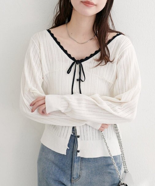 【natural couture】配色リボン透かし編みカーディガン
