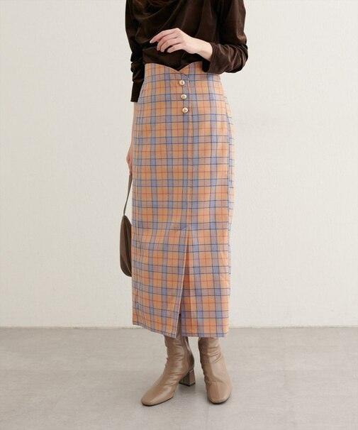 【natural couture】デザイン釦ラップ風チェックスカート