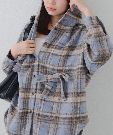 【RMAF】リボン付チェックフードシャツ