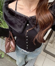 フェイクファー衿付カーディガン