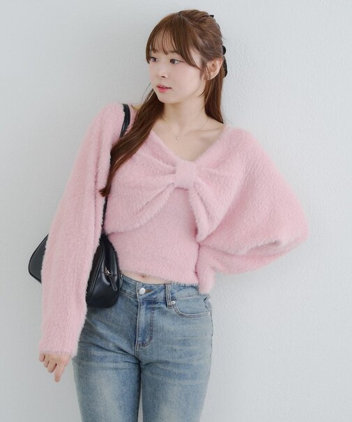 【RMAF】【2枚SET】キャミ+リボンフェザーニット