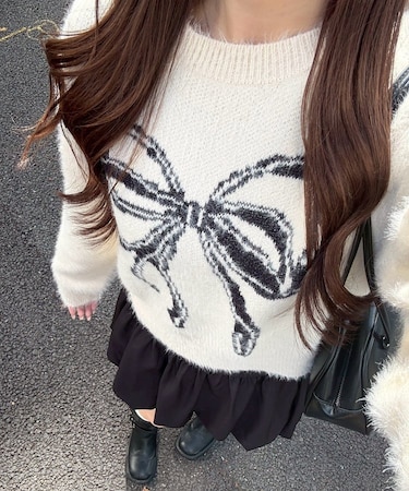 リボン柄シャギーニット