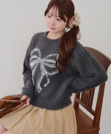 リボン柄シャギーニット