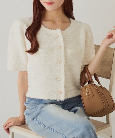 【WEB限定】ゴールドボタン半袖ツイード風カーディガン