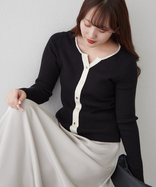 キーネックカーデライクリブプルオーバー