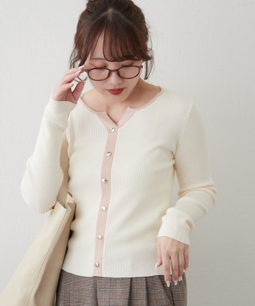 キーネックカーデライクリブプルオーバー