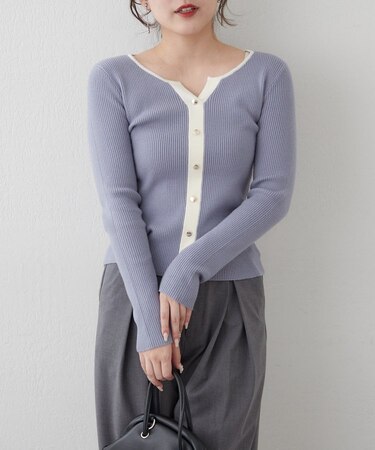 キーネックカーデライクリブプルオーバー