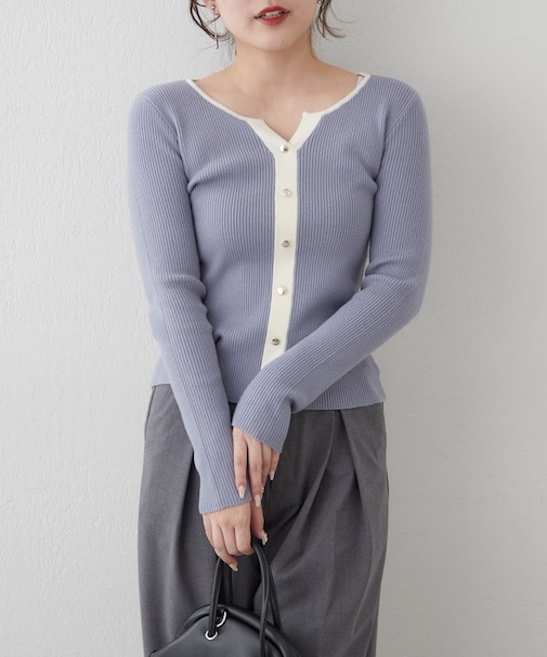 キーネックカーデライクリブプルオーバー