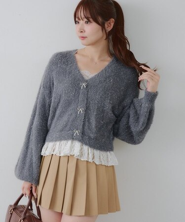 ラメフェザーヤーン裾レース付カーディガン