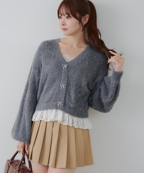 ラメフェザーヤーン裾レース付カーディガン