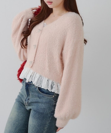 ラメフェザーヤーン裾レース付カーディガン