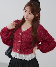 ラメフェザーヤーン裾レース付カーディガン