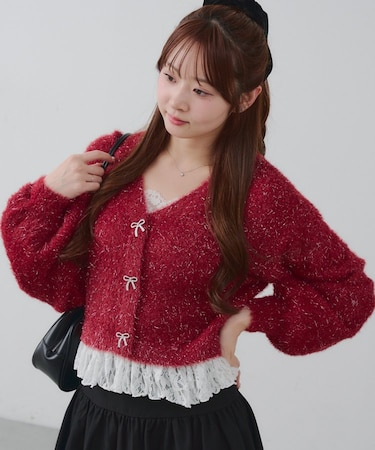 ラメフェザーヤーン裾レース付カーディガン