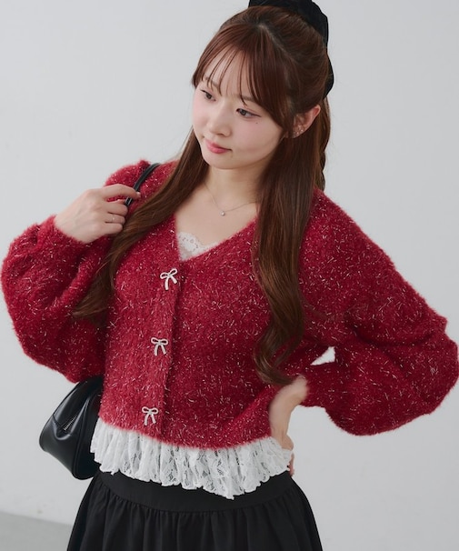 ラメフェザーヤーン裾レース付カーディガン