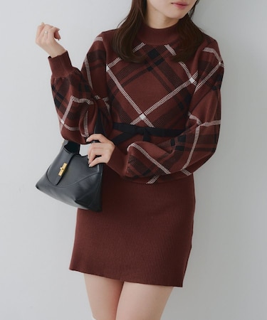 【RMAF】チェック切替ニットミニワンピ